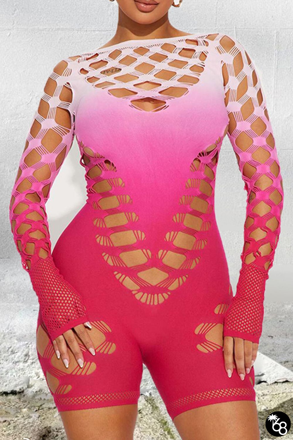 Sexy Gradient Hollowed Out Patchwork O Neck Skinny Rompers | 168DEAL