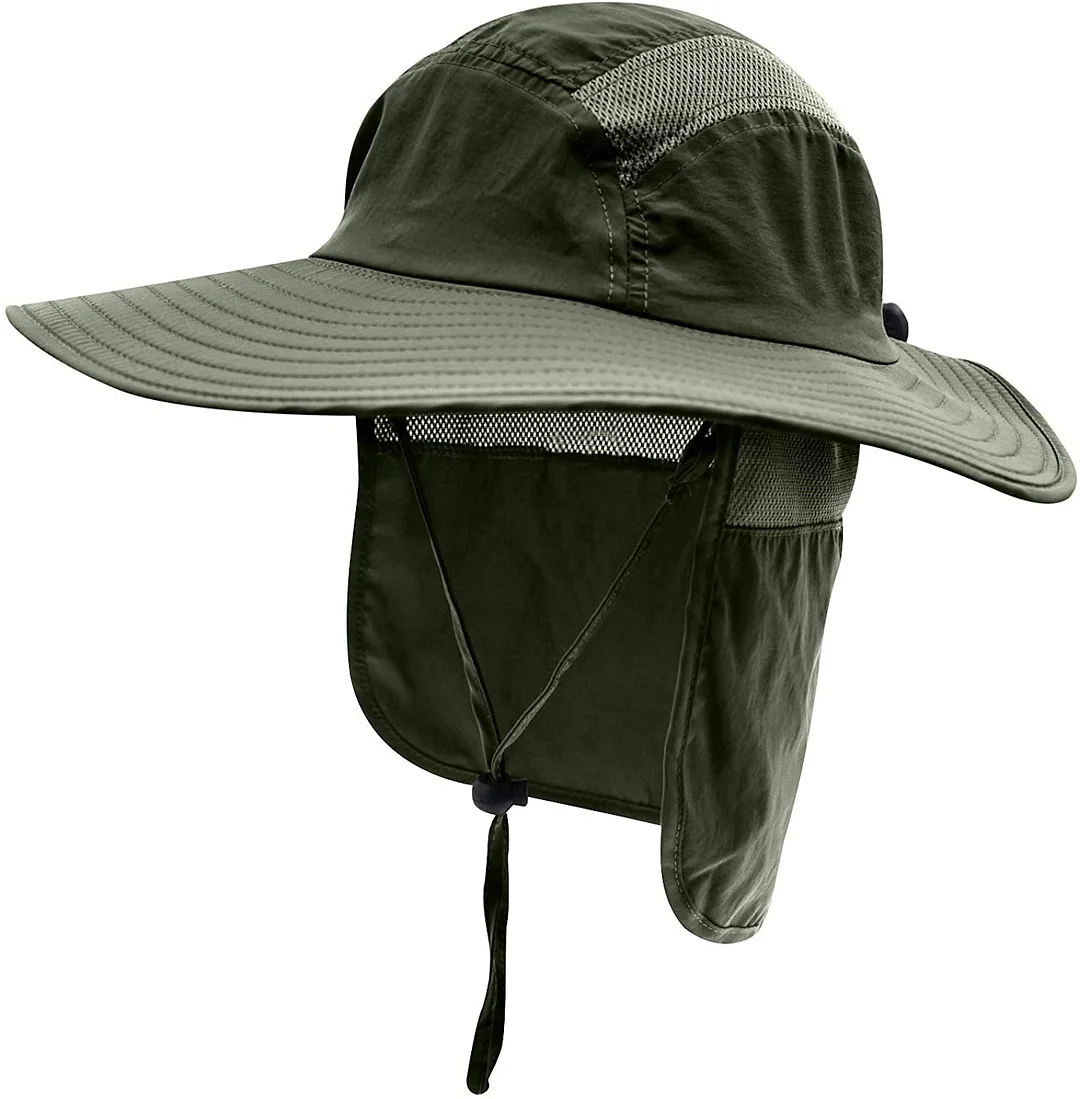 Mens UPF 50+ Sun Protection Cap Wide Brim Fishing Hat with Neck Flap