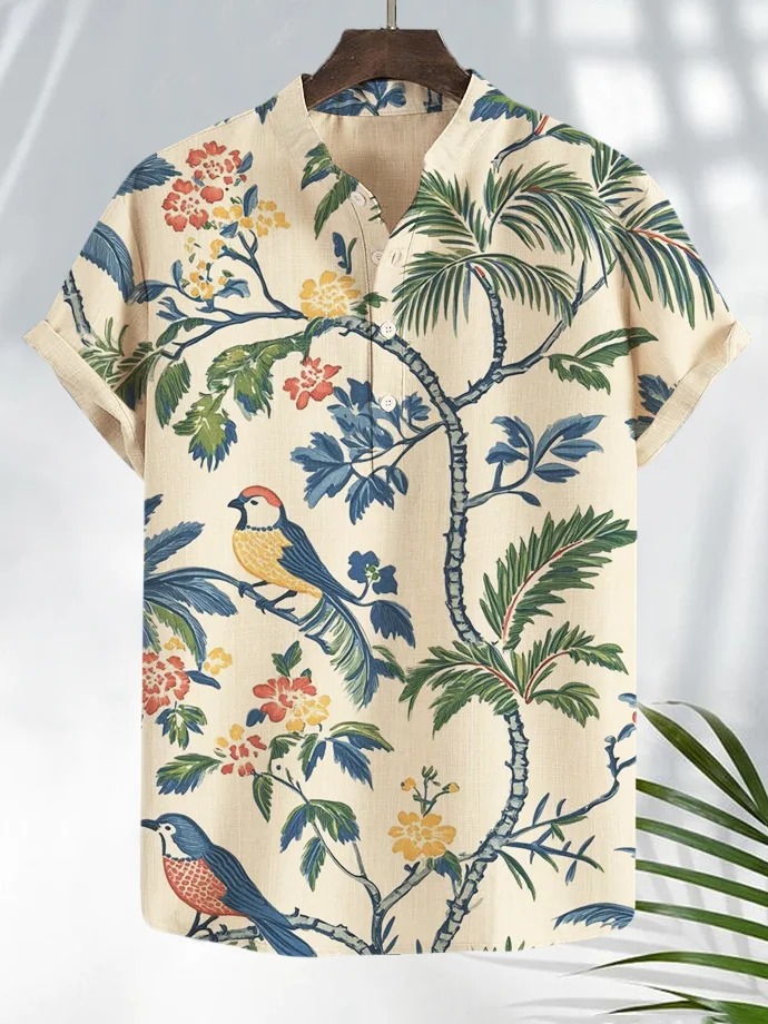 Men's Hawaiian Bird Flowers Print Half Button Shirt