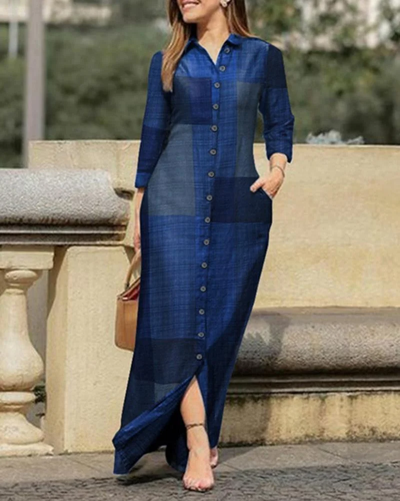 Long Check Print Button Dress