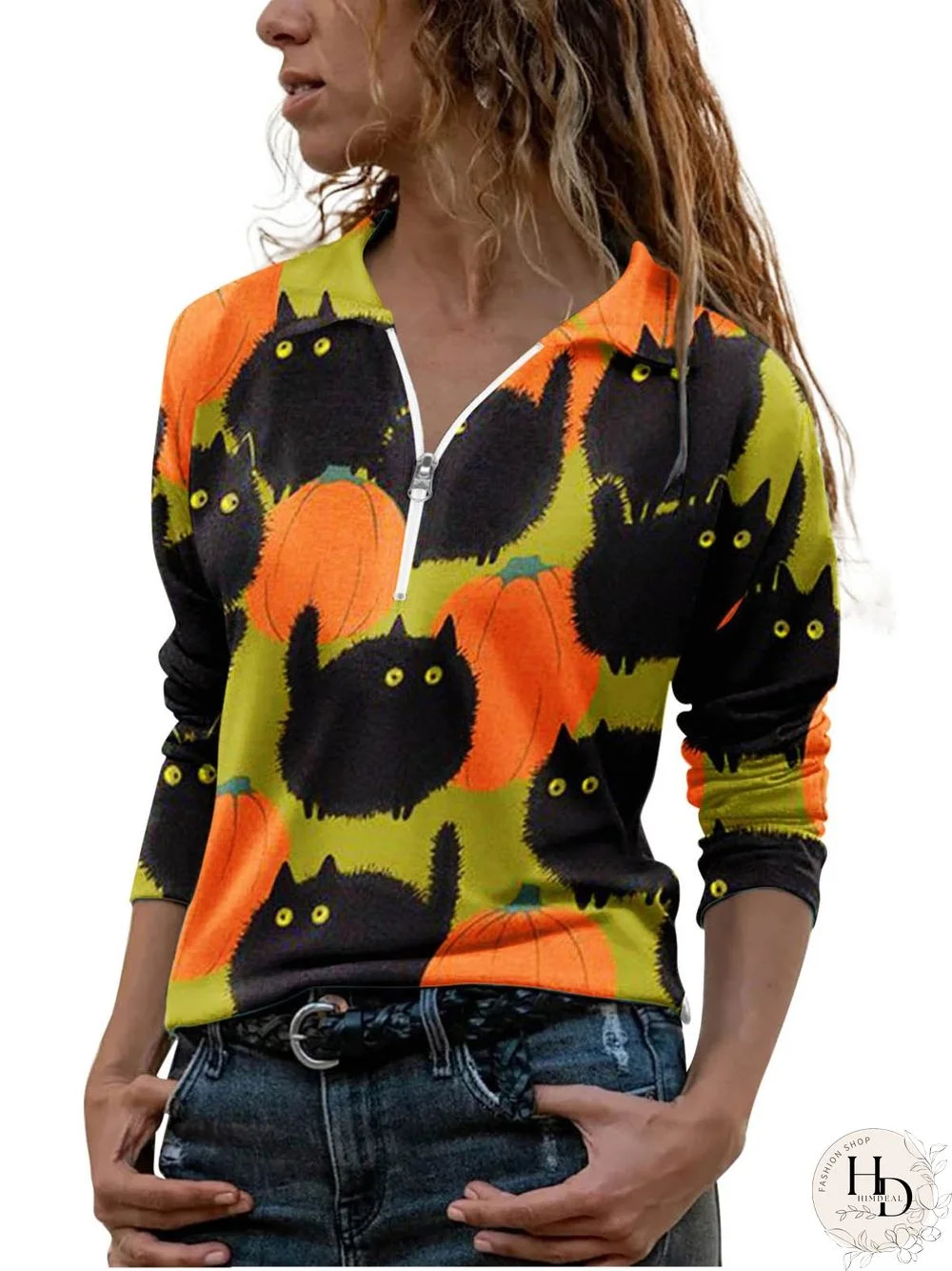 Cat Print Long Sleeve Zipper Shirt