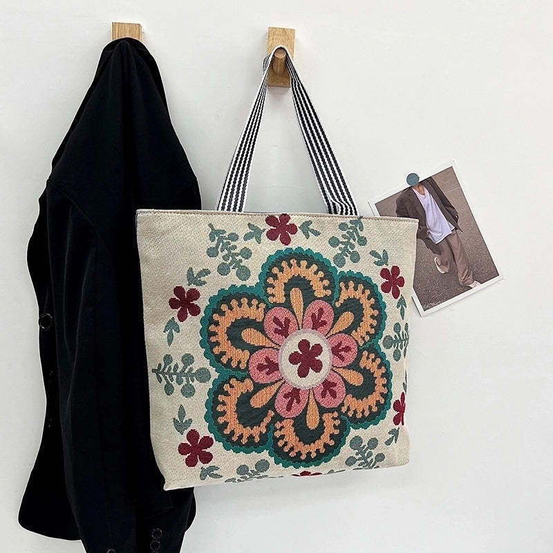 Women’s Medium Canvas Geometric Vacation Ethnic Style Zipper Canvas Bag