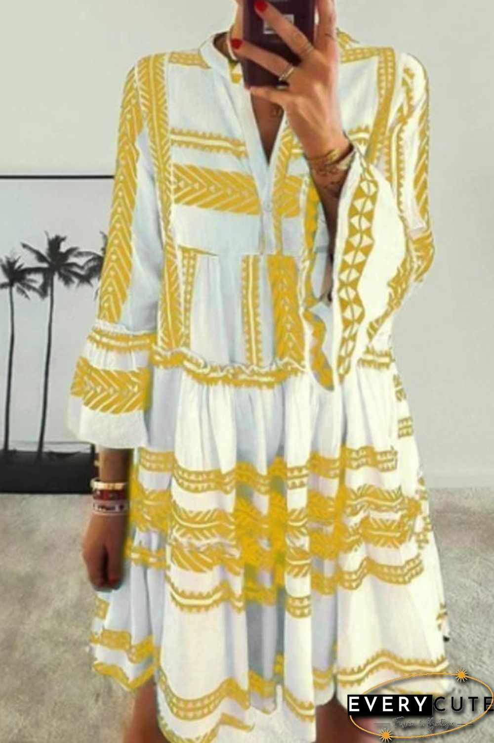 Geometric Printed V-neck Loose Mini Dress (3 Colors) P12103