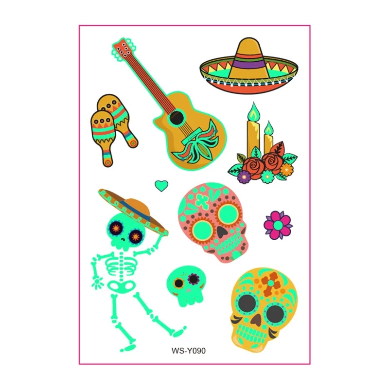 New Day of the Dead Luminous Fluorescent Tattoo Sticker Children's Cartoon Waterproof Guitar Halloween Skull Tattoo