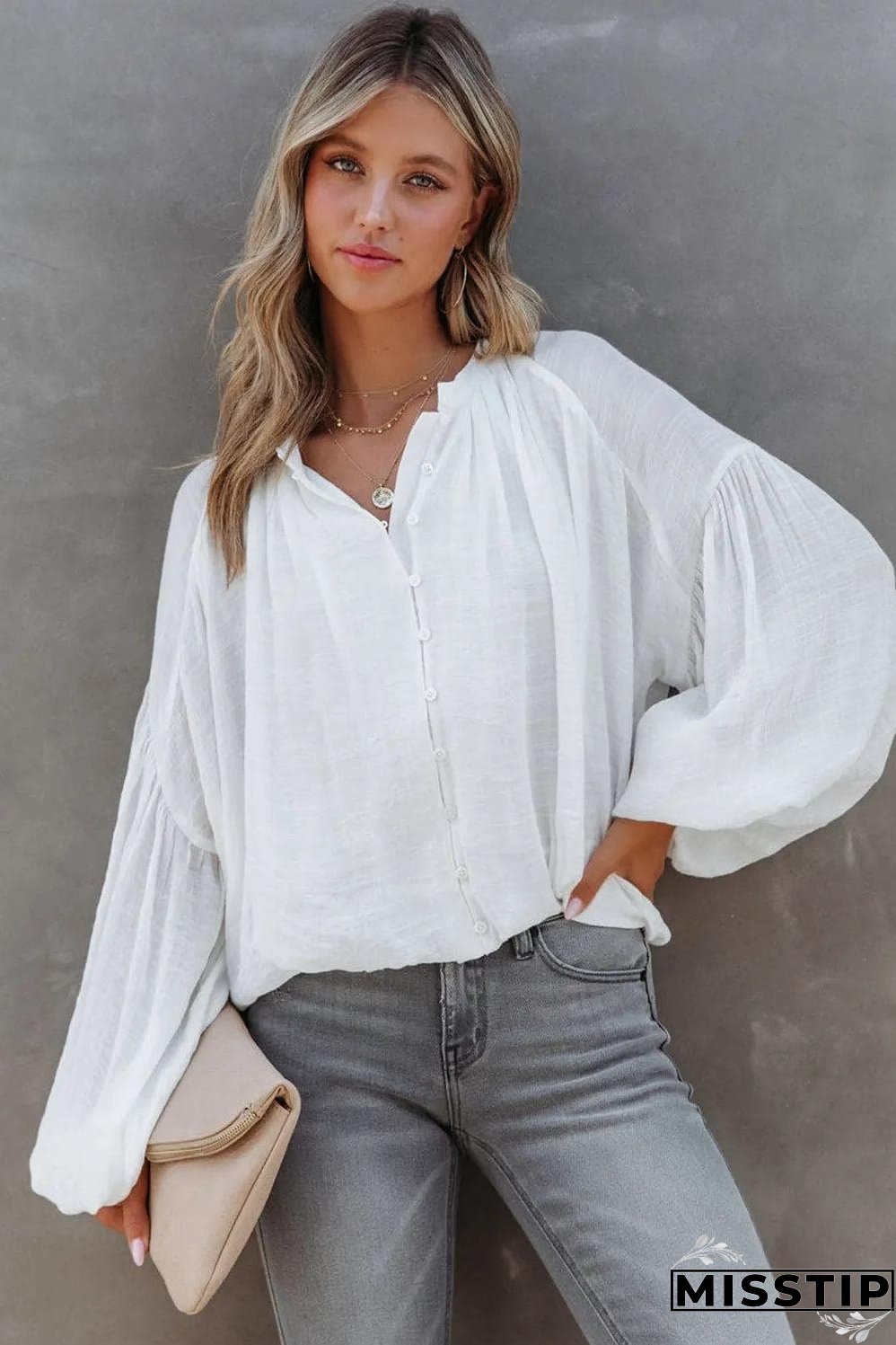 White Solid Color V Neck Balloon Sleeve Shirt