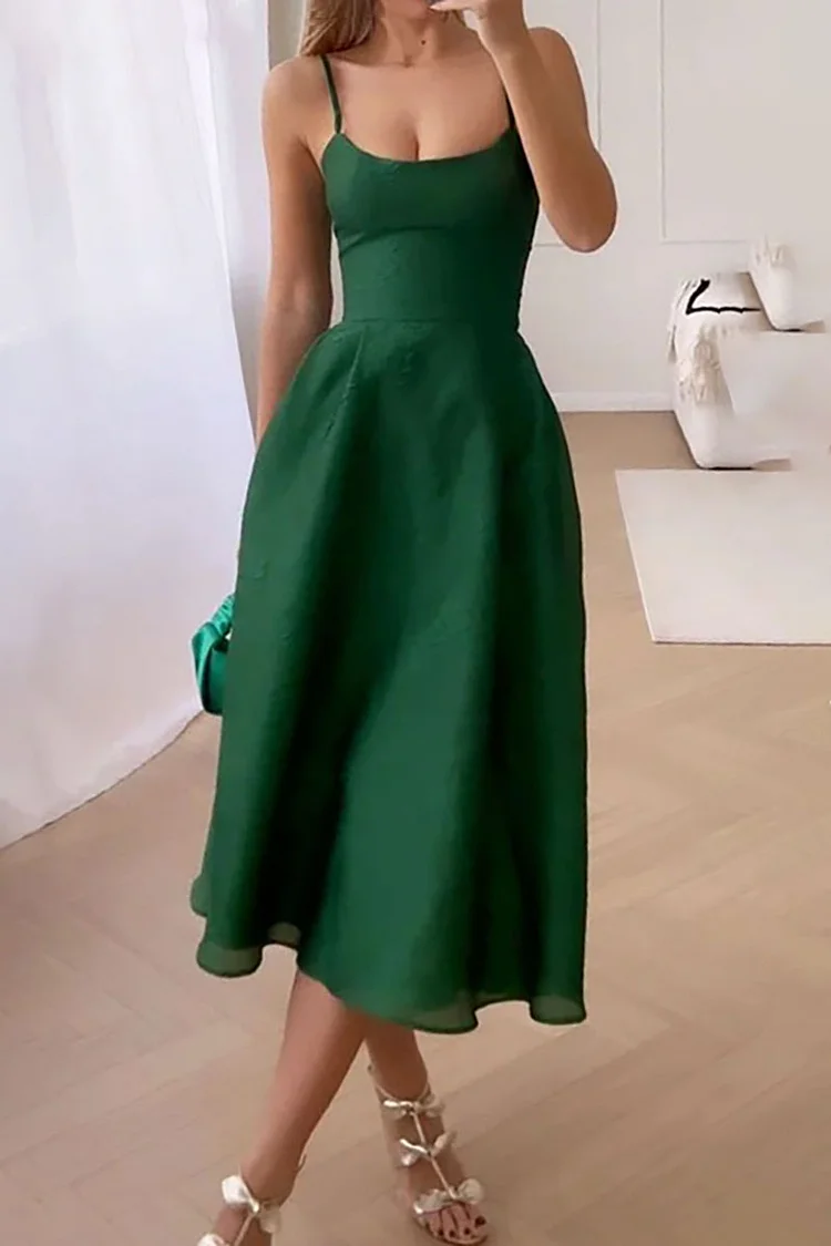 Boat Neck Backless A-line Semi Formal Party Satin Slip Midi Dresses