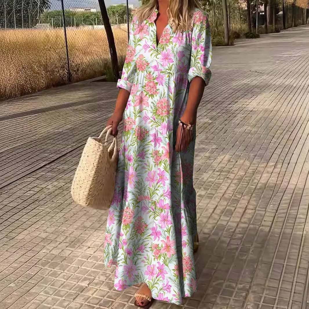 Women Floral, Pink, Purple DZDN0487 SPU Printed Long Sleeve V-neck Maxi Dress