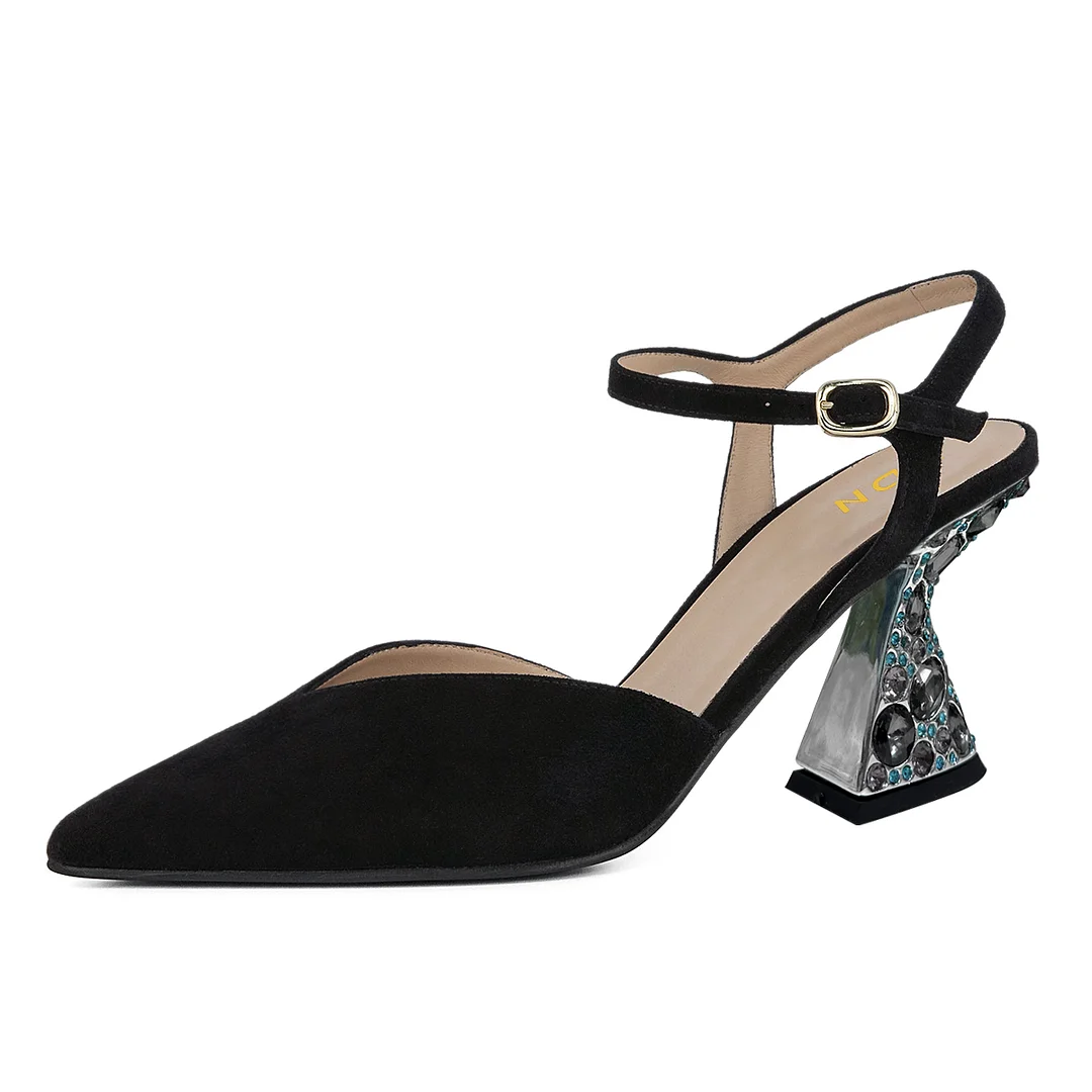 Faux Suede Sophisticated Decorative Heel Strappy Pumps in Black