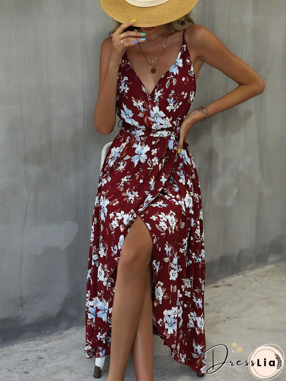 Elegant Floral Print Split Sling Dress For Women Autumn New V-Neck High Waist Lace-up