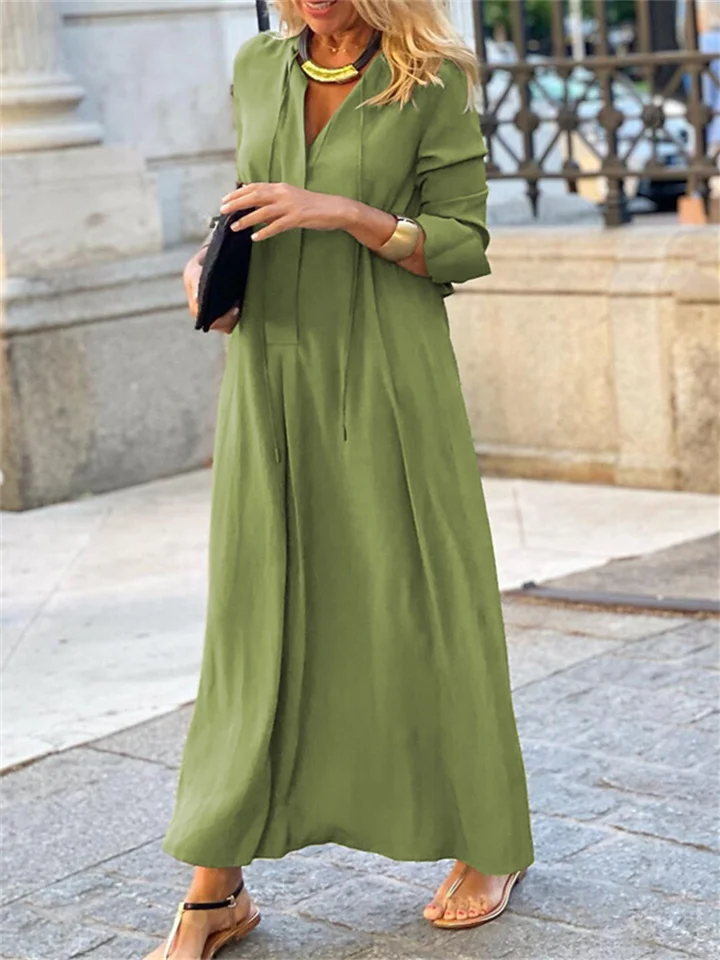 Solid Color V-neck Long Sleeve Simple Casual Dress | 168DEAL