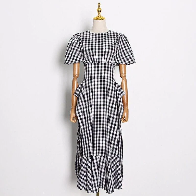 ABEBEY Elegant Side Split Dress For Women O Neck Short Sleeve High Waist Plaid Dresses Female Fashion New Clothing 2023