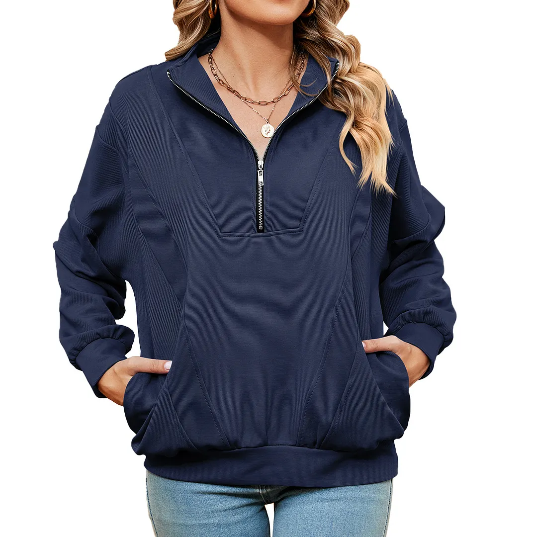 Churchf Churchf New Standing Collar Zipper Pocket Solid Color Long Sleeve Casual Hoodie Woman