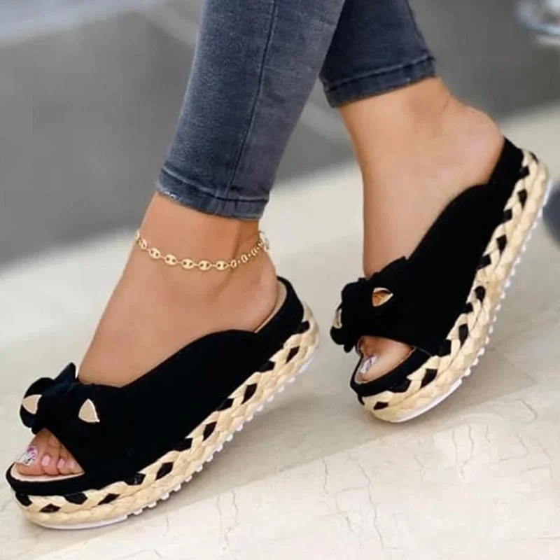 Summer Women Slippers Casual Solid Color Bowknot Platform Slippers Fashion Braided Straps Outdoor Sandals Zapatillas Mujer