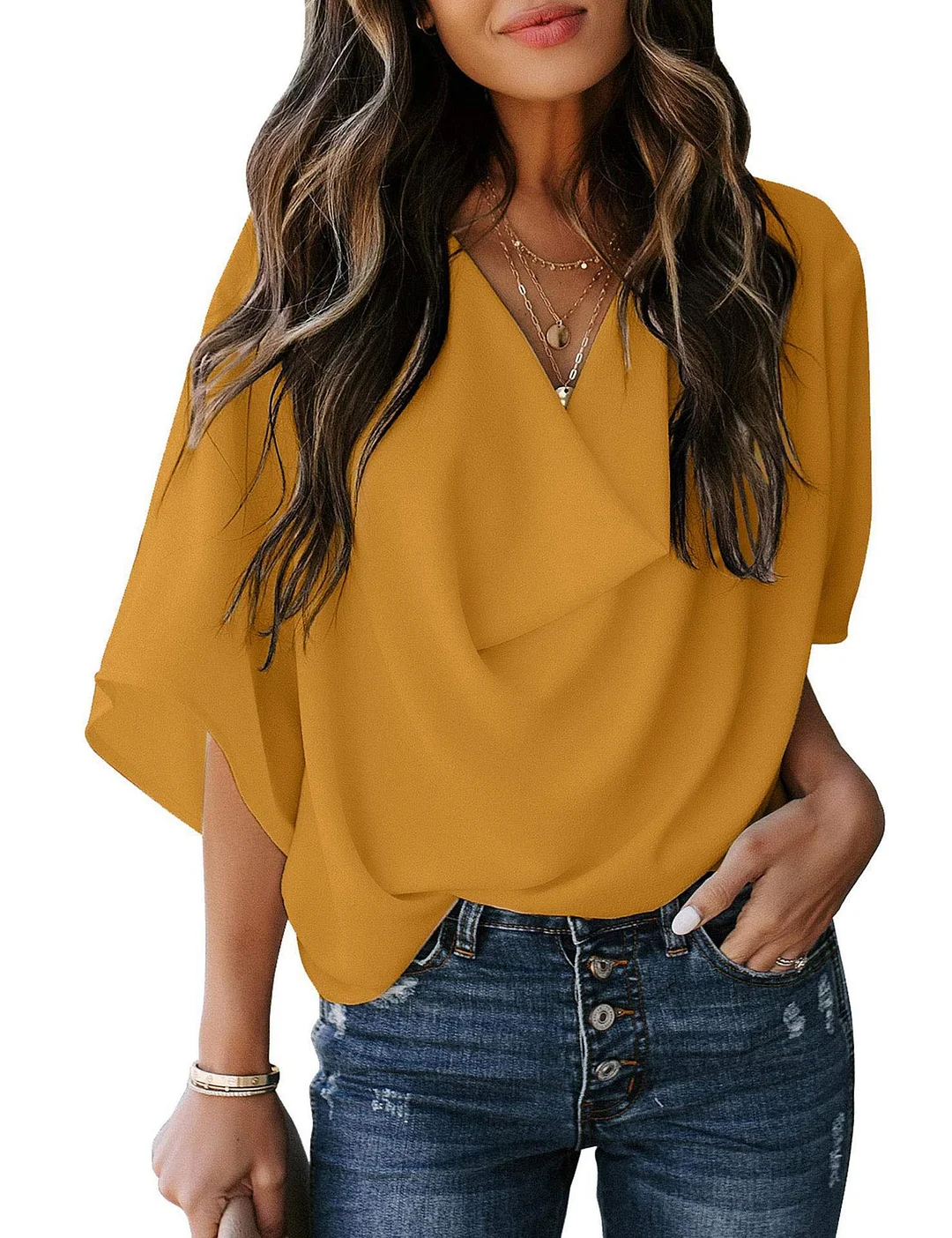 Uveng Summer V-neck Loose Half Sleeve Blouses