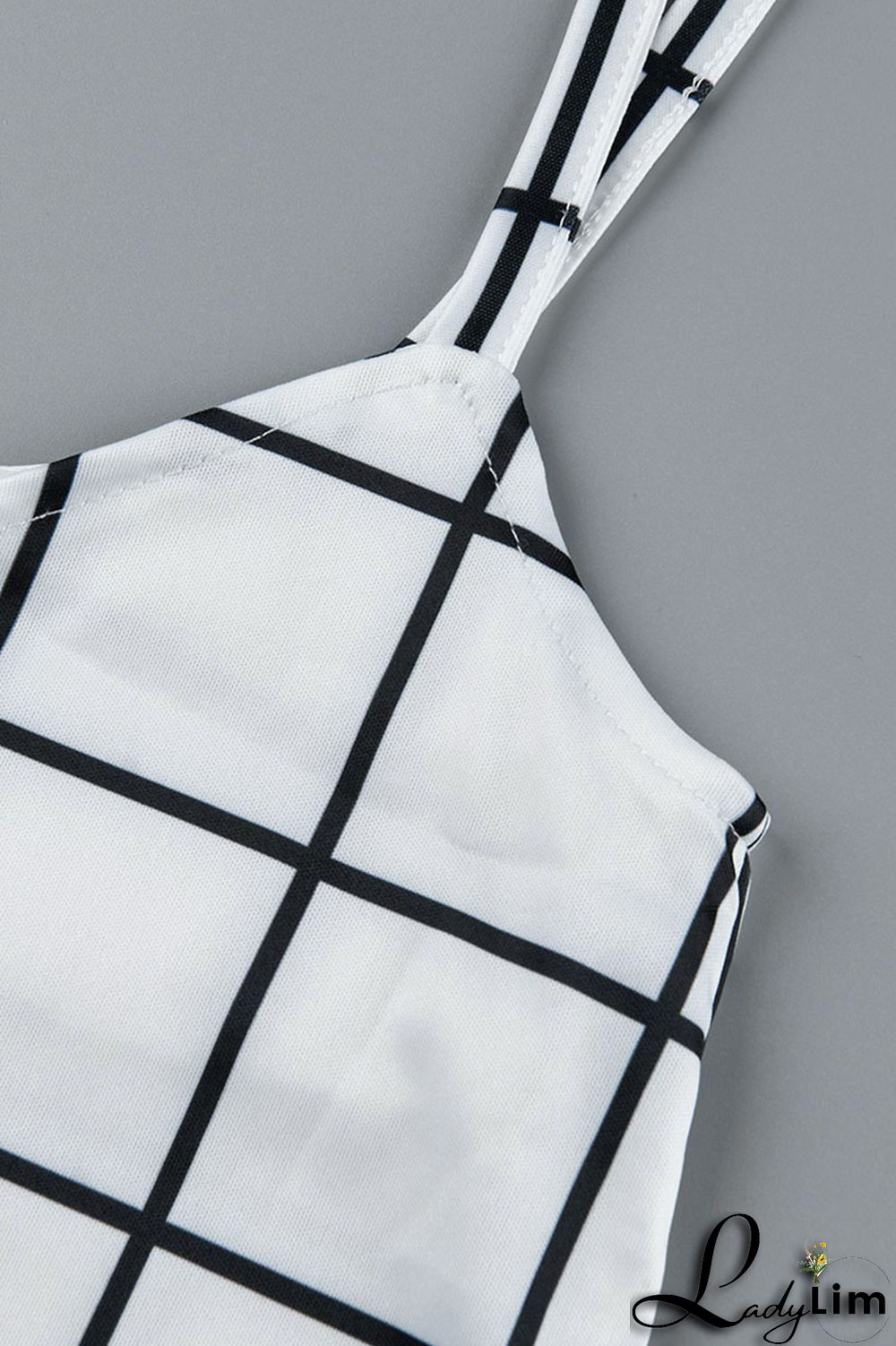 Deep Blue Sexy Plaid Print Split Joint Spaghetti Strap Sleeveless Two Pieces