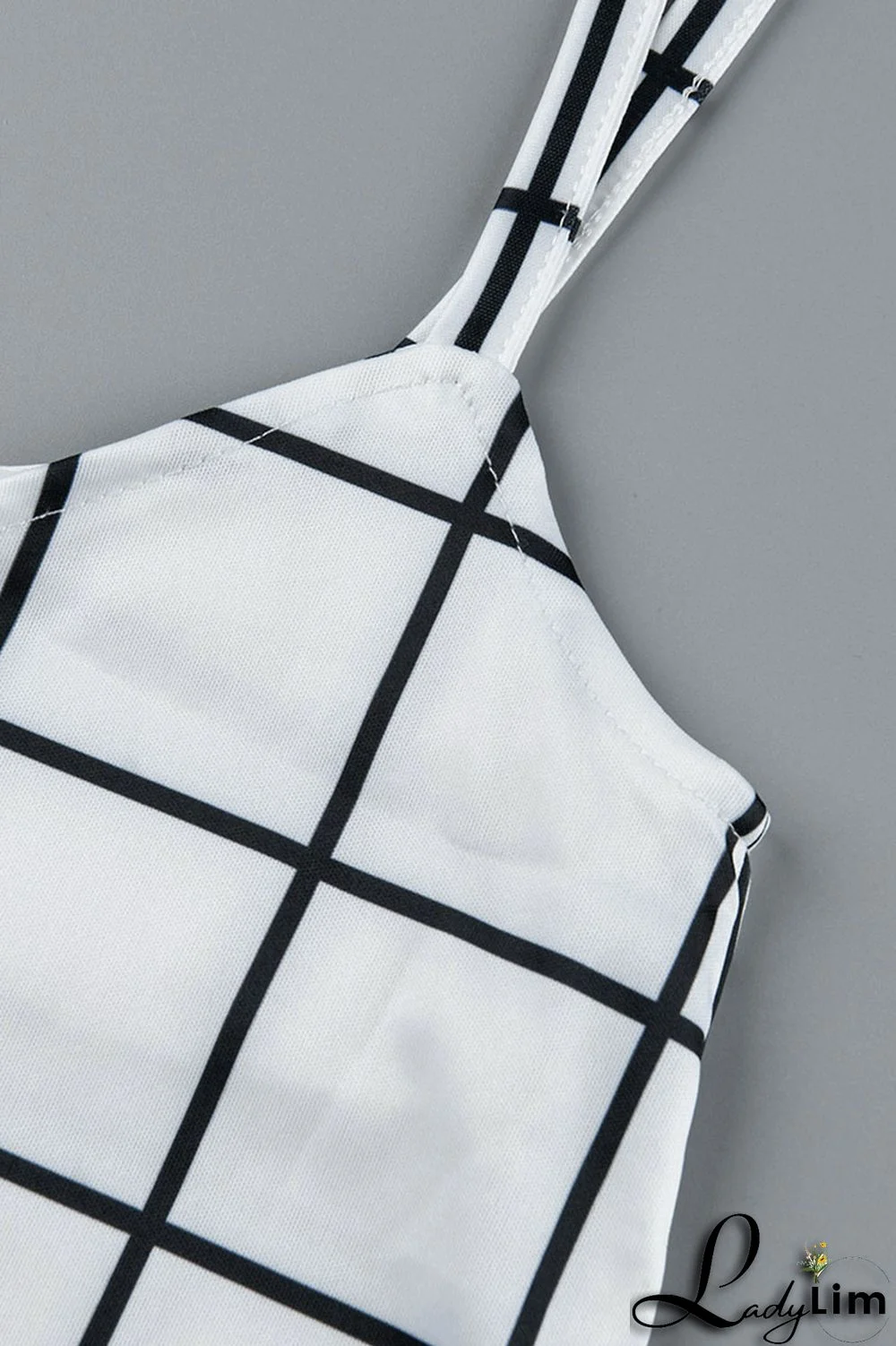 Deep Blue Sexy Plaid Print Split Joint Spaghetti Strap Sleeveless Two Pieces