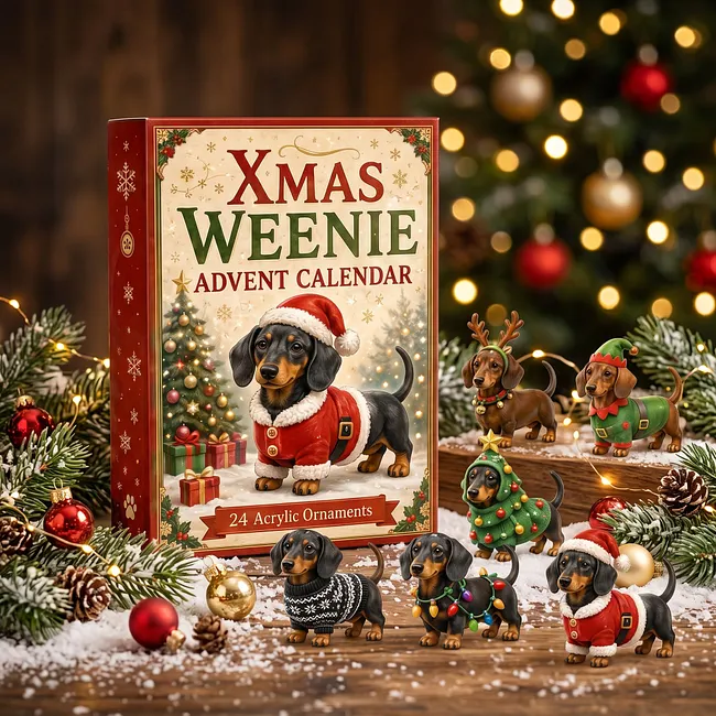 Dachshund advent calendar displayed with Christmas collectibles
