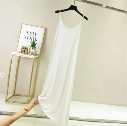 Vintage Solid Spaghetti Dress Women 2021 Elegant O Neck Long Sexy Modal Dresses Summer Autumn Korean Lady sleeveless Vestidos