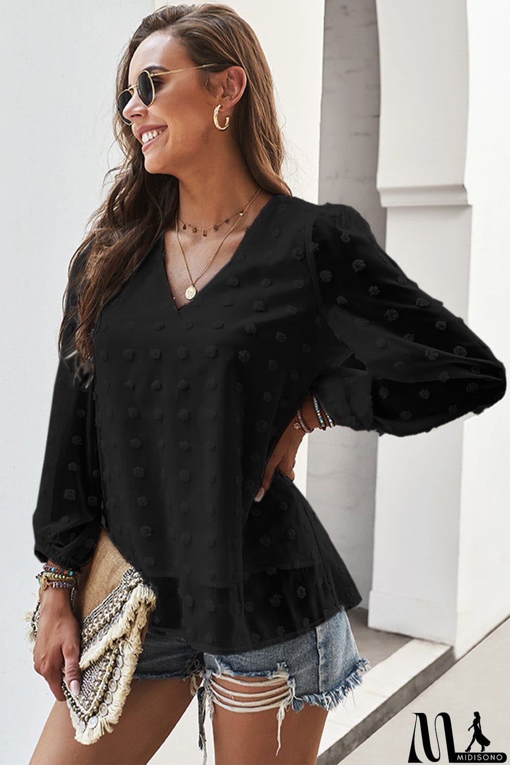 MidiSono - Swiss Dot Bubble Sleeve Blouse
