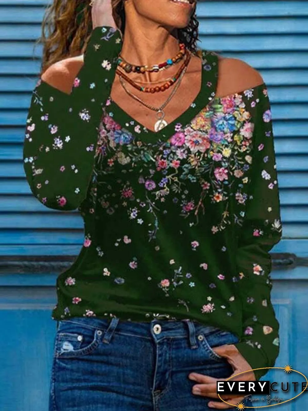 V Neck Hollow Printed Shirt