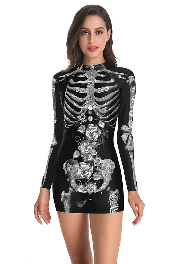 Rose Skeleton Print Halloween Dress Gray-elleschic