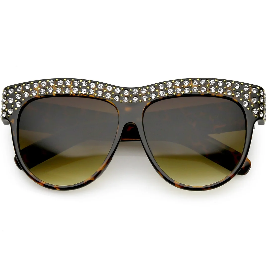 Handcrafted Rhinestone Stud Embellished Oversize glasses Round Flat Lens 57mm