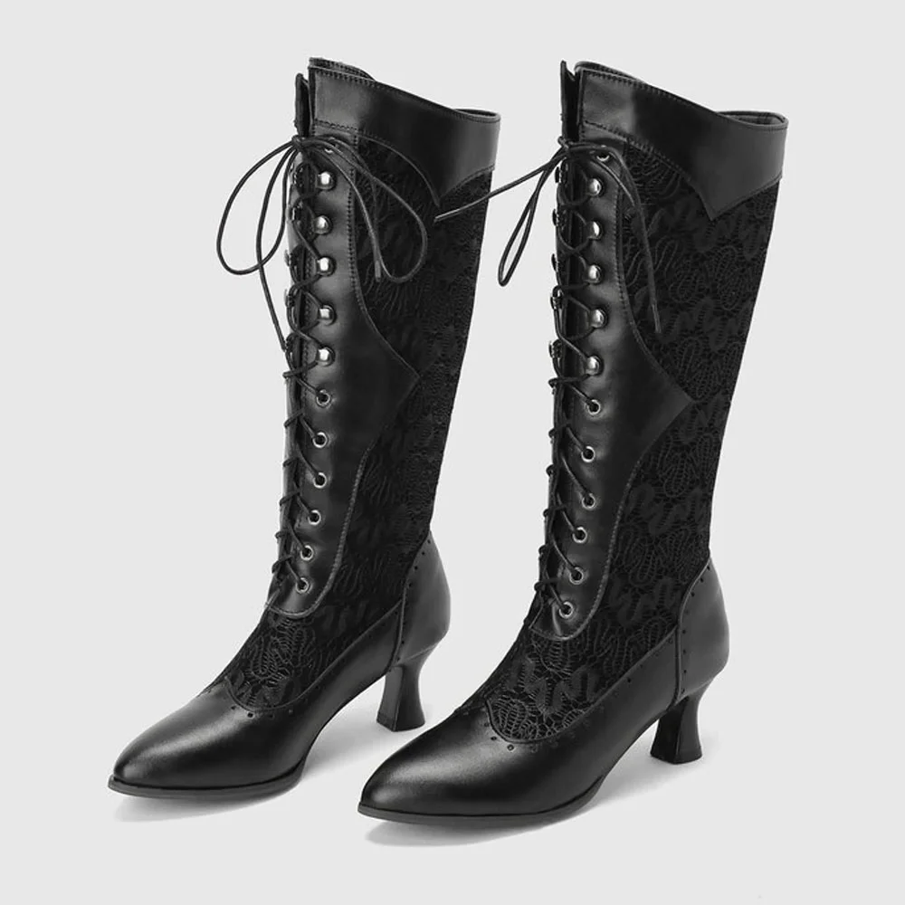 Women's Black Pointed Toe Spool Heel Lace Up Knee High Boots