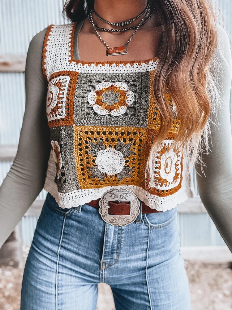Vintage Ethnic Style Knitted Crochet Pattern Tank Top