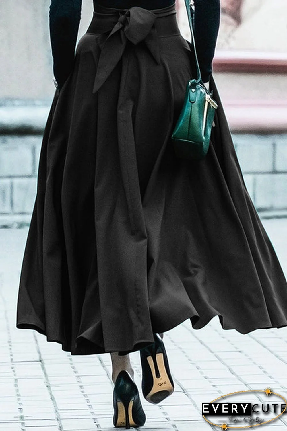 Bow Knot High Waist Long A-line Swing Skirt