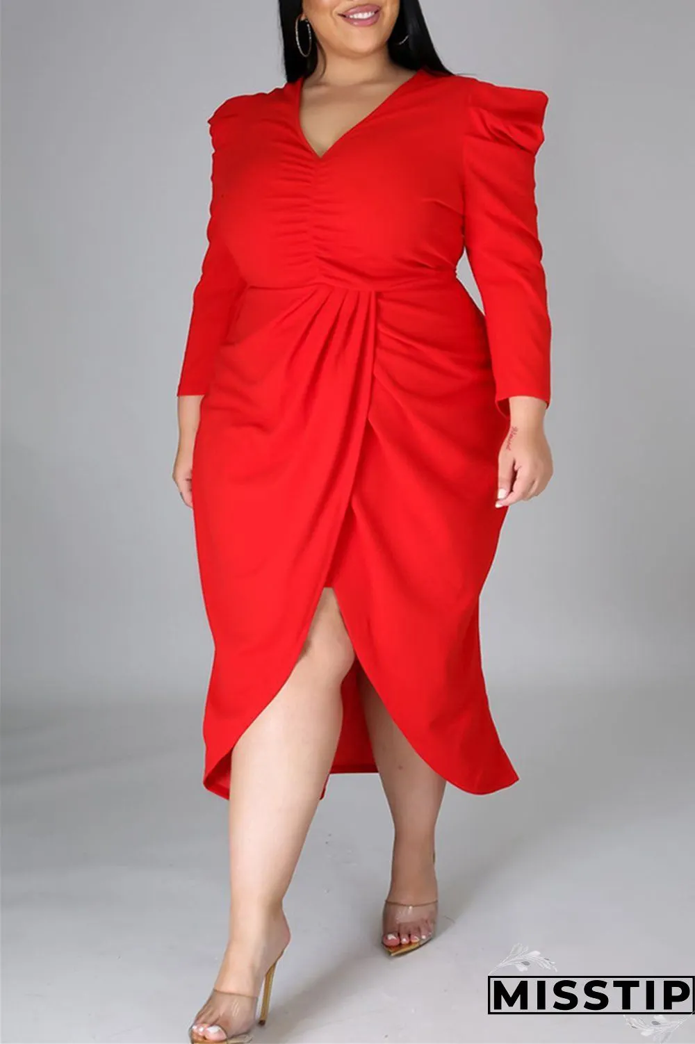 Black Fashion Casual Solid Patchwork V Neck Long Sleeve Plus Size Dresses