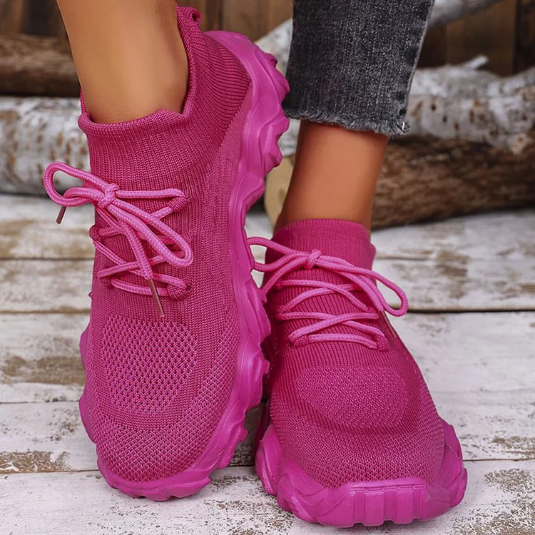 Solid Color Knitted Lace Up Round Toe Casual Sneakers