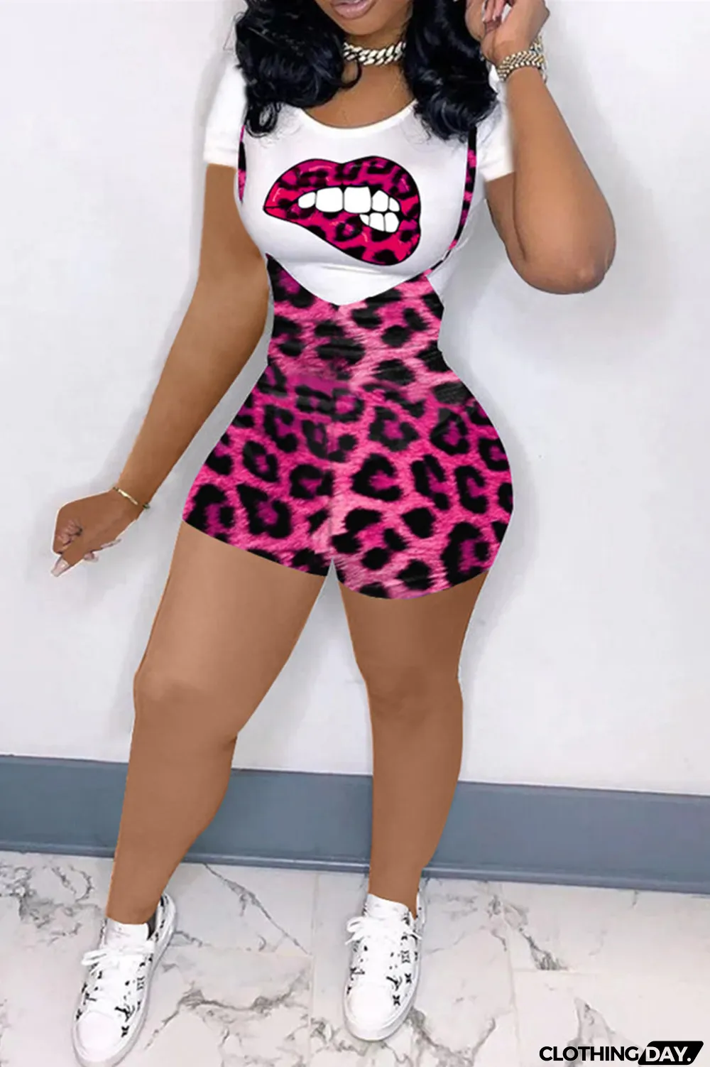 Rose Red Fashion Casual Print Leopard Basic O Neck Short Sleeve Two Pieces