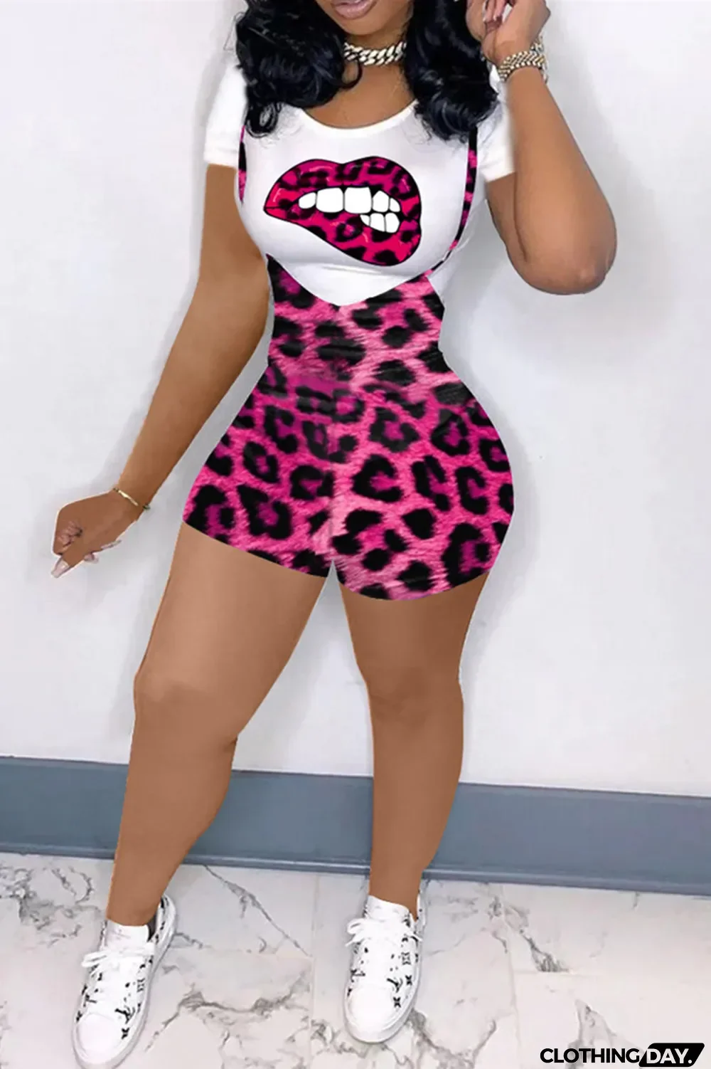 Rose Red Fashion Casual Print Leopard Basic O Neck Short Sleeve Two Pieces