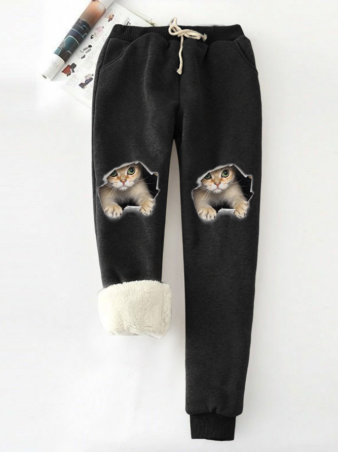 Women Funny Cat Fleece Elastic Waist Casual Comfy Pants