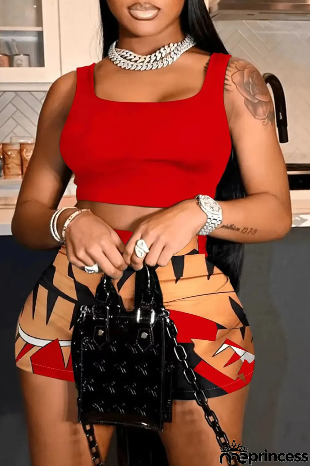 Red Casual Print Patchwork U Neck Sleeveless Two Pieces