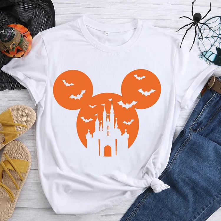 Halloween Mickey Castle Horror Atmosphere Round Neck T-shirt-0019022