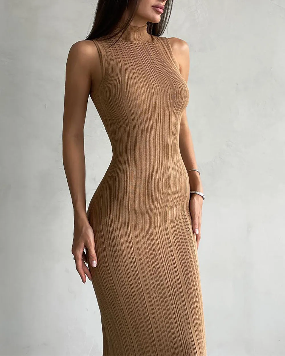 High Neck Pleated Sleeveless Maxi Dress