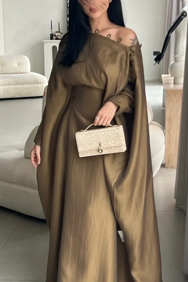 Solid Color Button-down Collar Elegant Kaftan Robe Maxi Dress