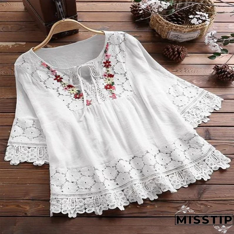 Women's Summer Cotton Linen Stitching Lace Elegant V-neck Blouses