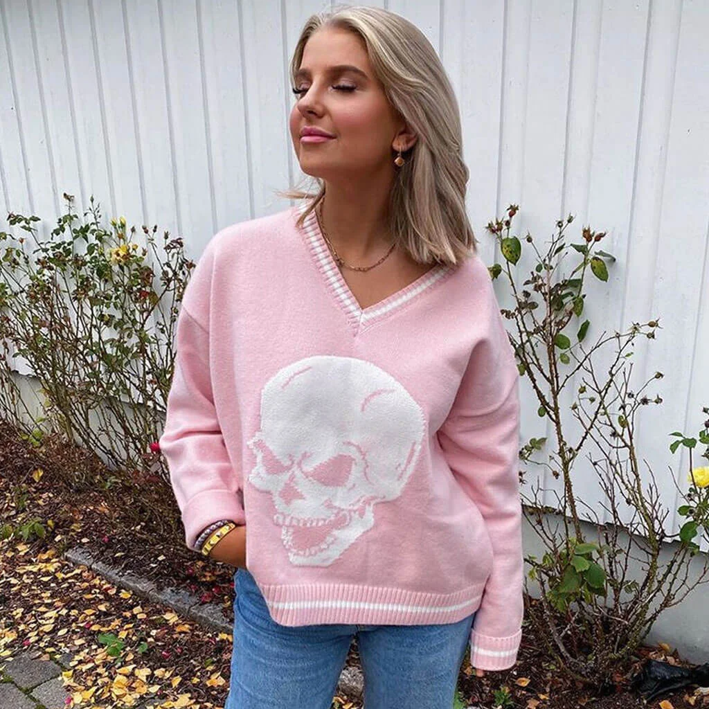 Oversized Skull Print Contrast V Neck Long Sleeve Pullover Sweater - Pink