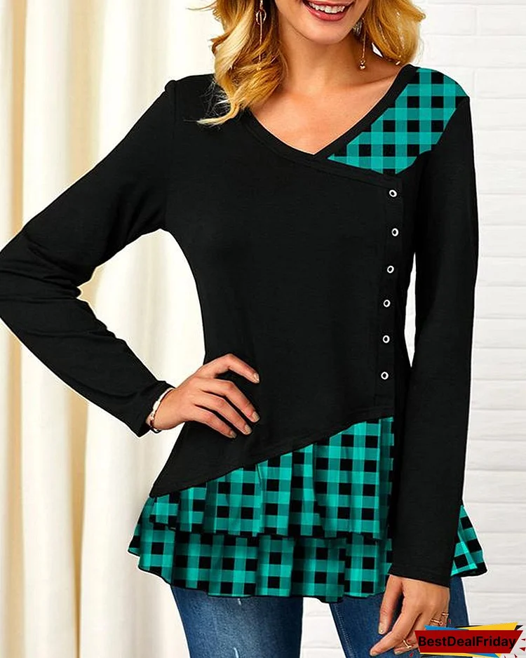 Casual V Neck Plaid Patchwork Ruffle Long Sleeves T-shirt