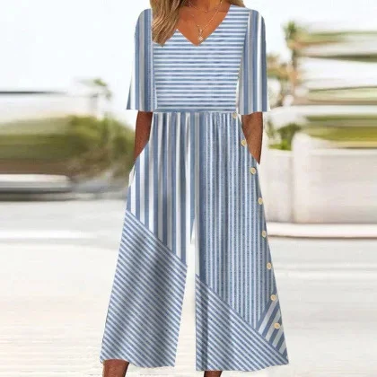 Comstylish Irregular Stripes V-Neck Linen Blend Casual Jumpsuit