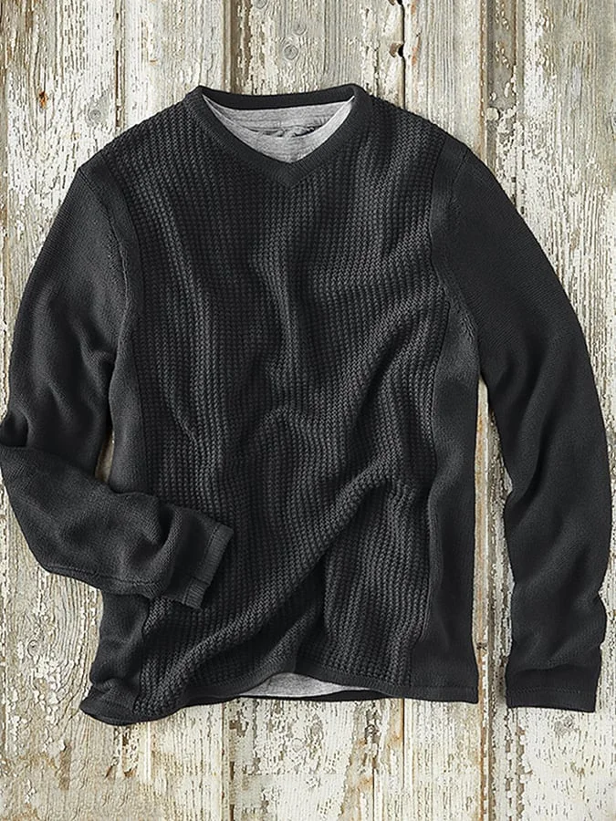 Men's retro small V-neck patchwork sweater