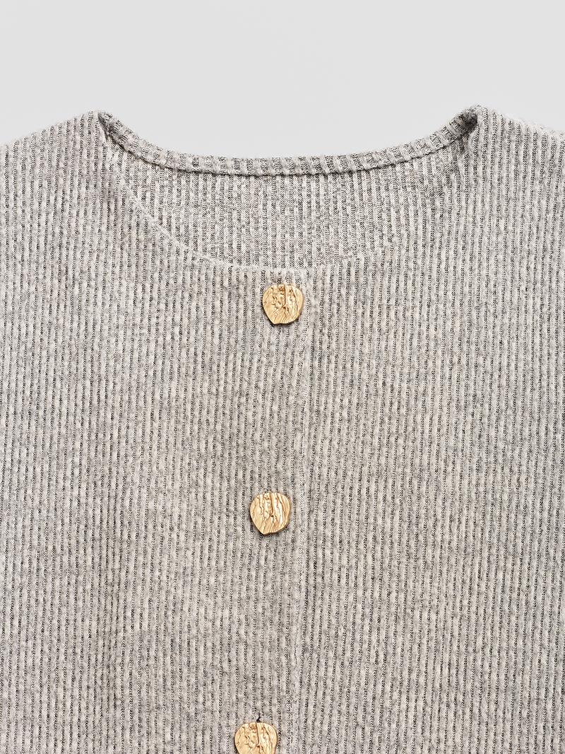 Women's Casual Elegant Ribbed Knit Button Long Sleeve Top, Fitted Plain Design, All Season Wear, Moderate Fabric Thickness