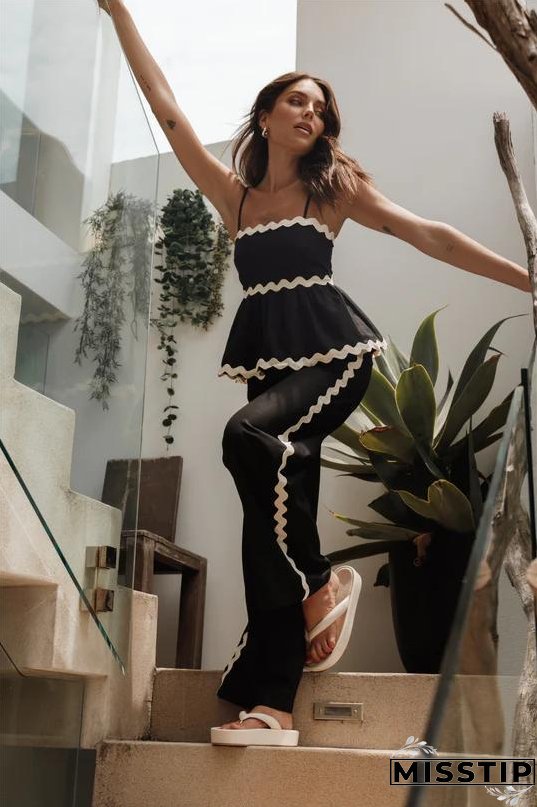 Women's Fashionable Lace Solid Color Strap Casual Women's Two Piece Pants Set