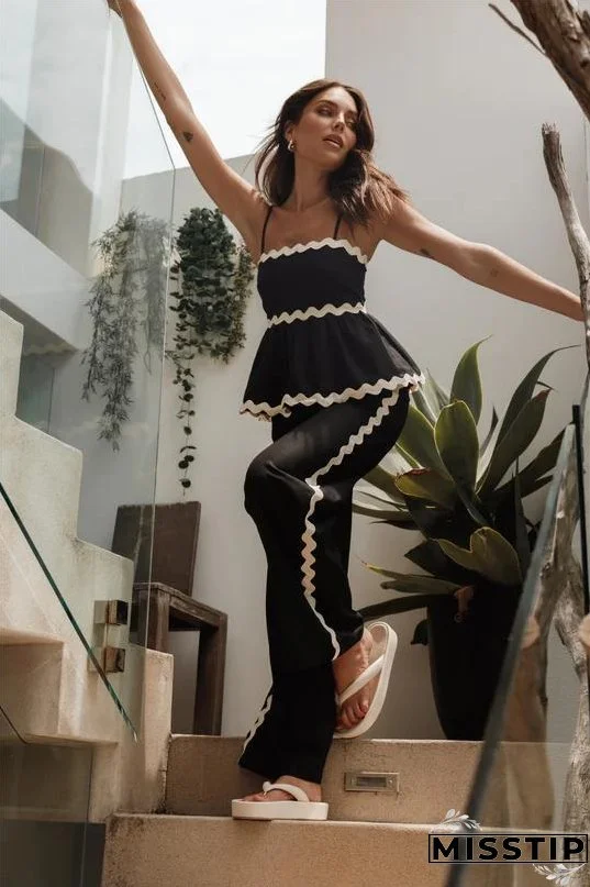 Women's Fashionable Lace Solid Color Strap Casual Women's Two Piece Pants Set