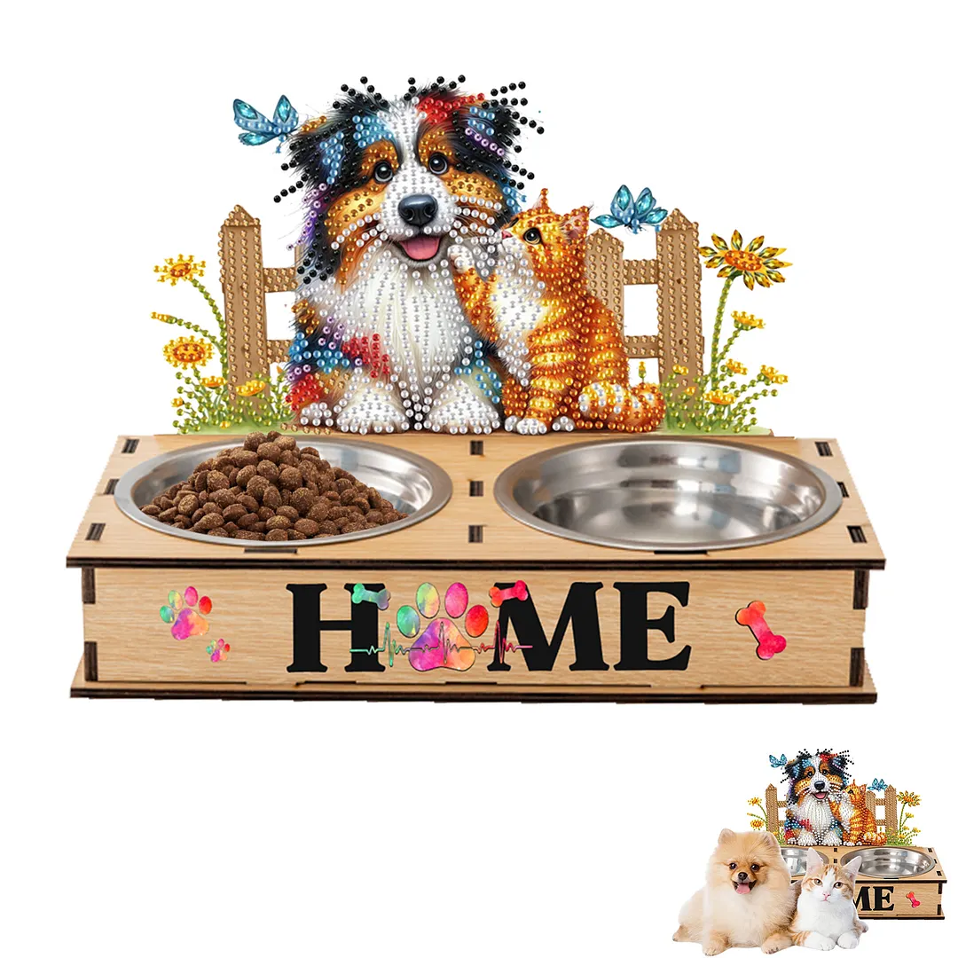 Diamond Painting Food Bowl with Wood Stand Diamond Art Dog Bowl for Small Dogs