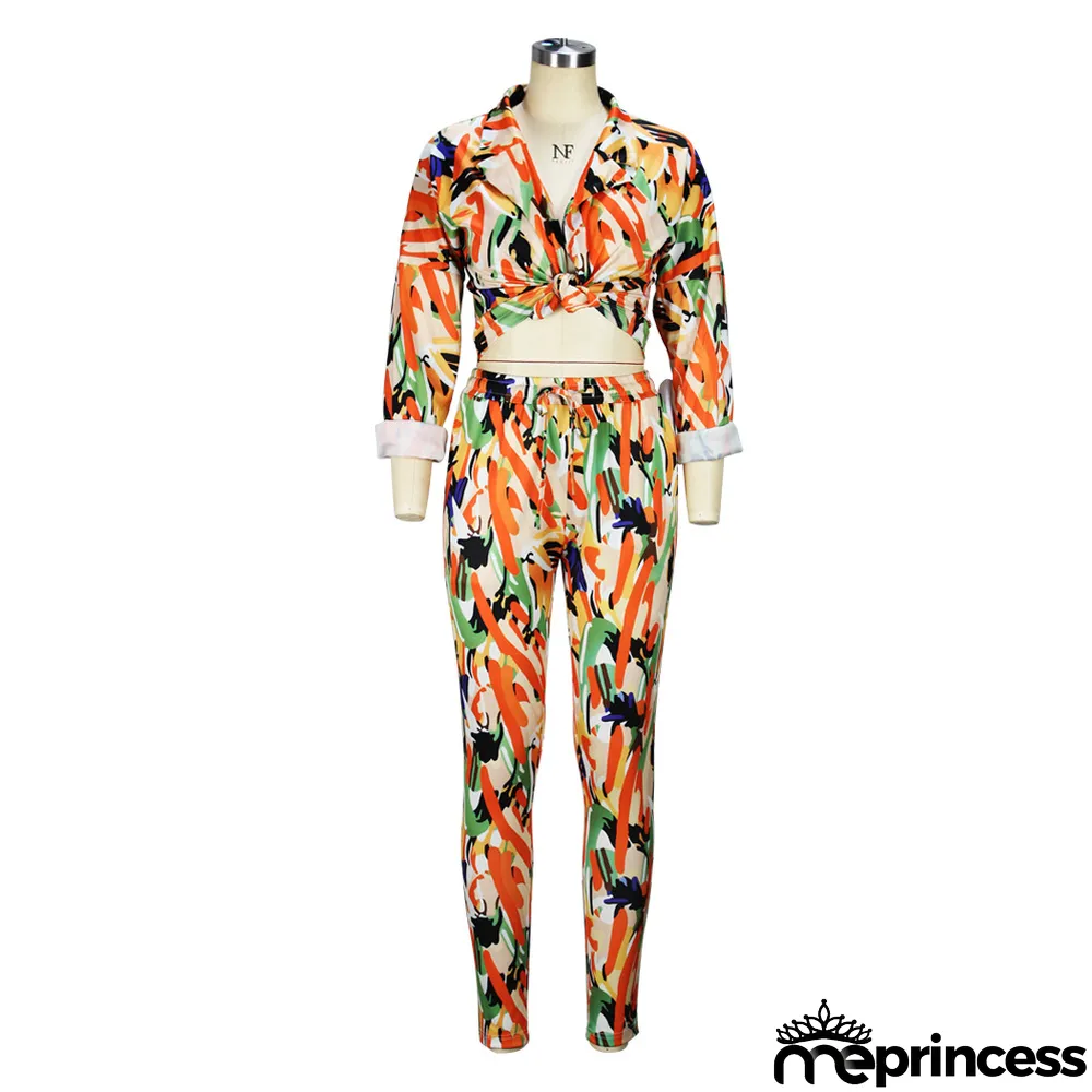 Spring/Summer Knotted Crop Print Turndown Collar Shirt Pants Suit Fall/Winter Women's Two Piece Set