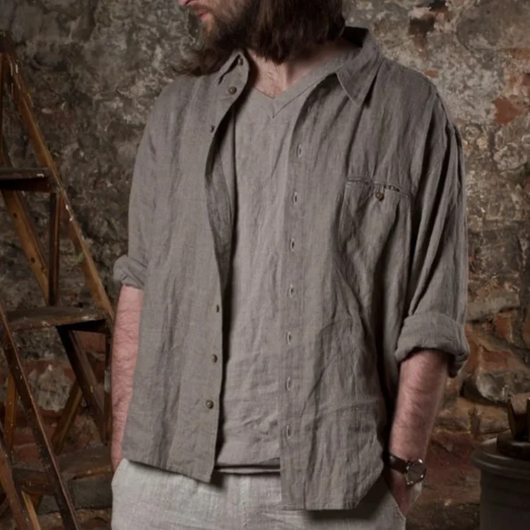 Men's Gray Blue Button Linen Gray Shirt