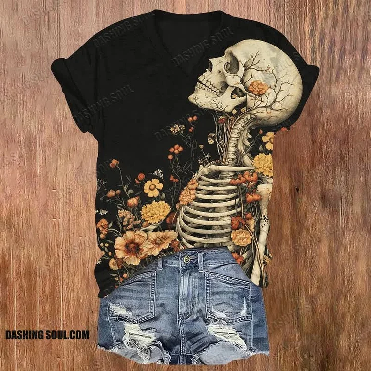 Floral Skull Halloween Print V-neck T-shirt